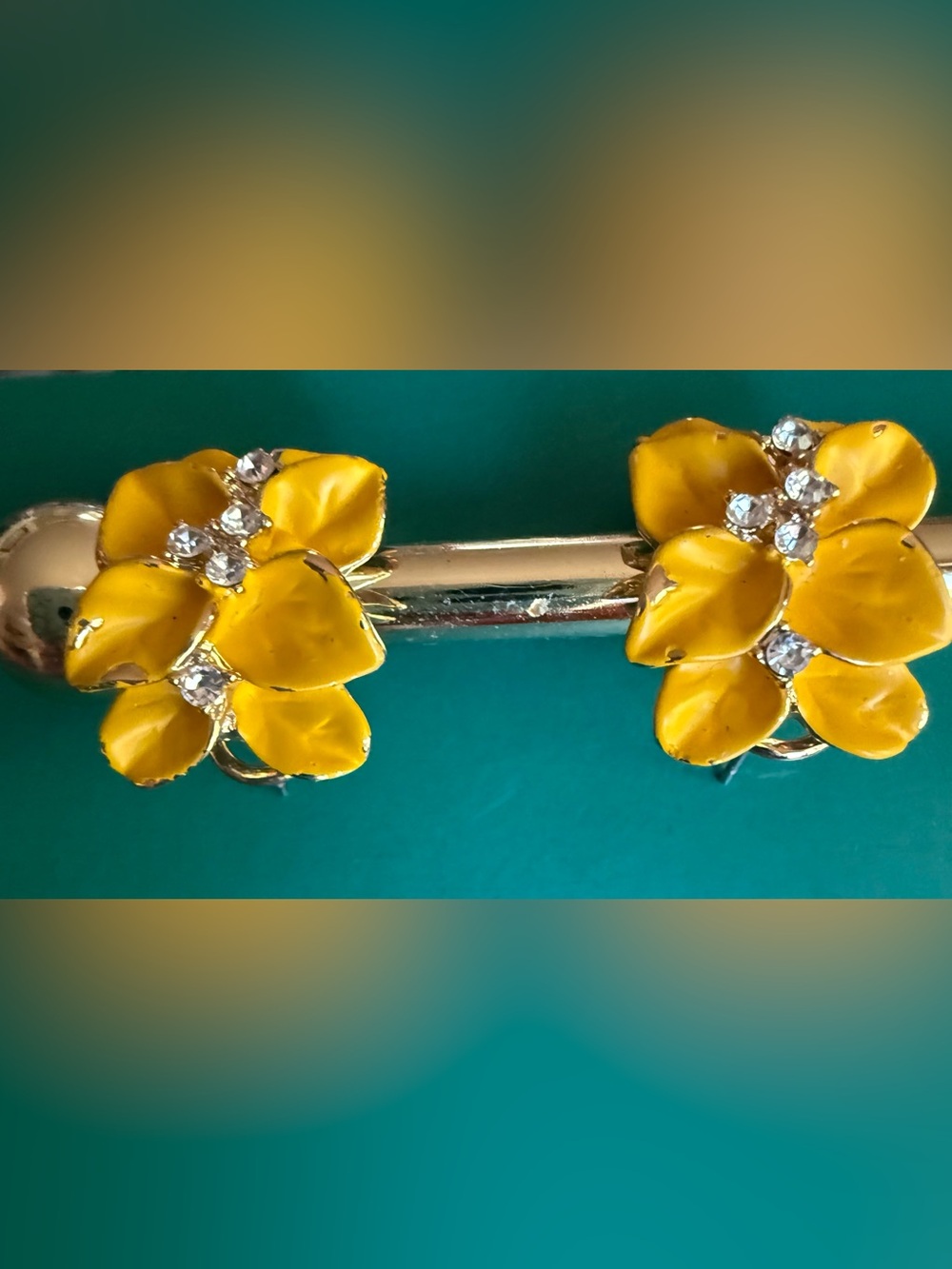 Navachi Yellow Enamel Crystal Flower Omega Earrings - Women Jewelry Vintage